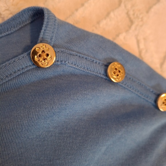 Talbots Large Sleeveless T-Shirt Blue Pima Cotton Button Shoulder Muscle Tee - Picture 5 of 7